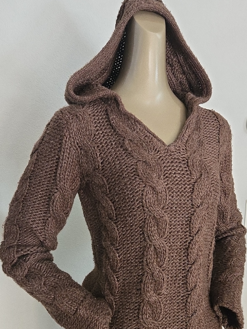 Carol Rose Cable Knit V-Neck Hooded Sweater in Brown
